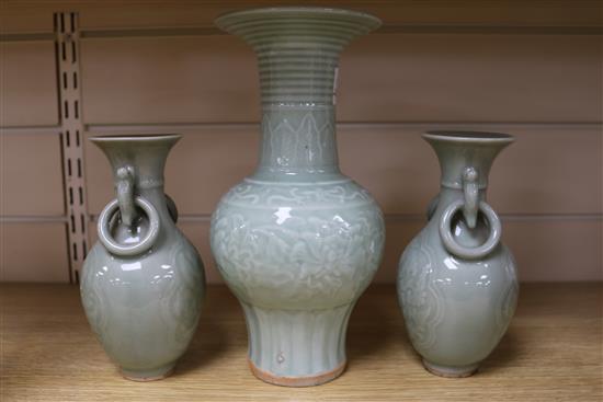 A Chinese celadon glazed vase, 23cm, a pair of vases and a dish